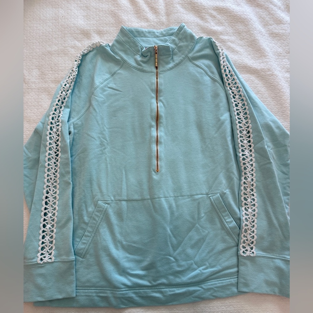 Lilly Pulitzer Aqua Blue white lace skipper Zip-Up popover